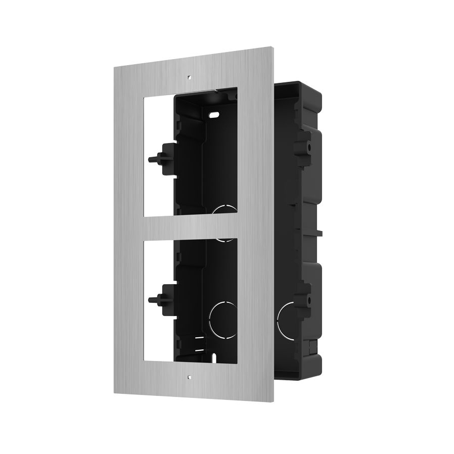 Panou frontal pentru 2 module de videointerfon modular Hikvision DS-KD- ACF2/S permite conectarea a 2 module de interfon modular montare incastrata material otel inoxidabil doza de plastic inclusa dimensiuni:236mm x 124mm x 4mm
