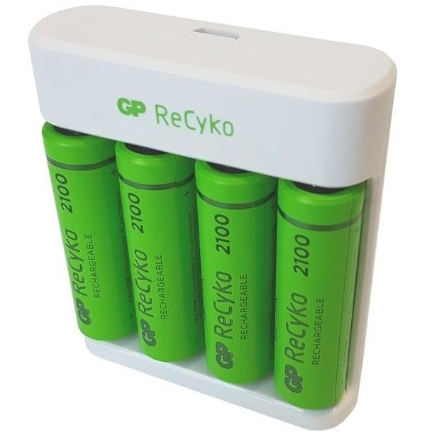 Incarcator GP Batteries, Recyko compatibil NiMH (AA/AAA), include 4 x 2100 mAh AA (R6), incarcare USB, 2 LED-uri indicare incarcare, 