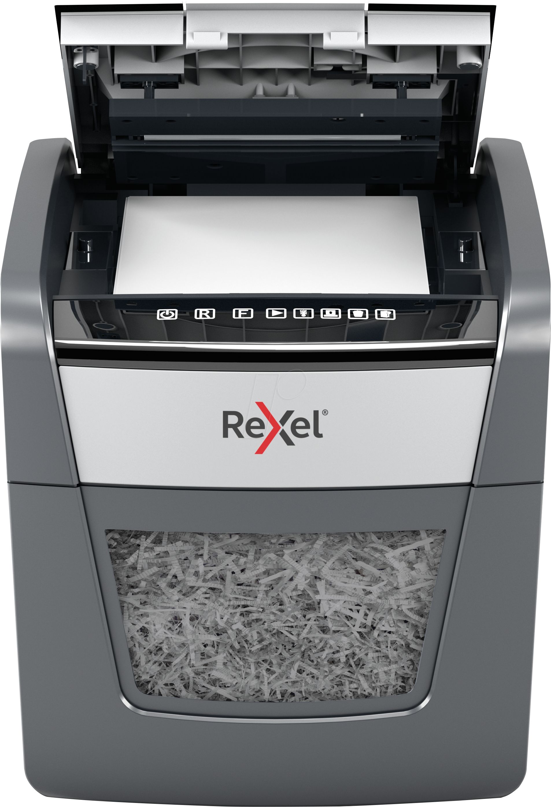 Distrugator automat documente Rexel OPTIMUM  45X ,  45 coli, P4, cross-cut (tip confeti), cos  20 litri, negru-gri, 