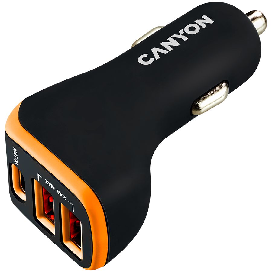 CANYON Universal 3xUSB car adapter, Input 12V-24V, Output DC USB-A 5V/2.4A(Max) + Type-C PD 18W, with Smart IC, Black+Orange with rubber coating, 71*39*26.2mm, 0.028kg_3