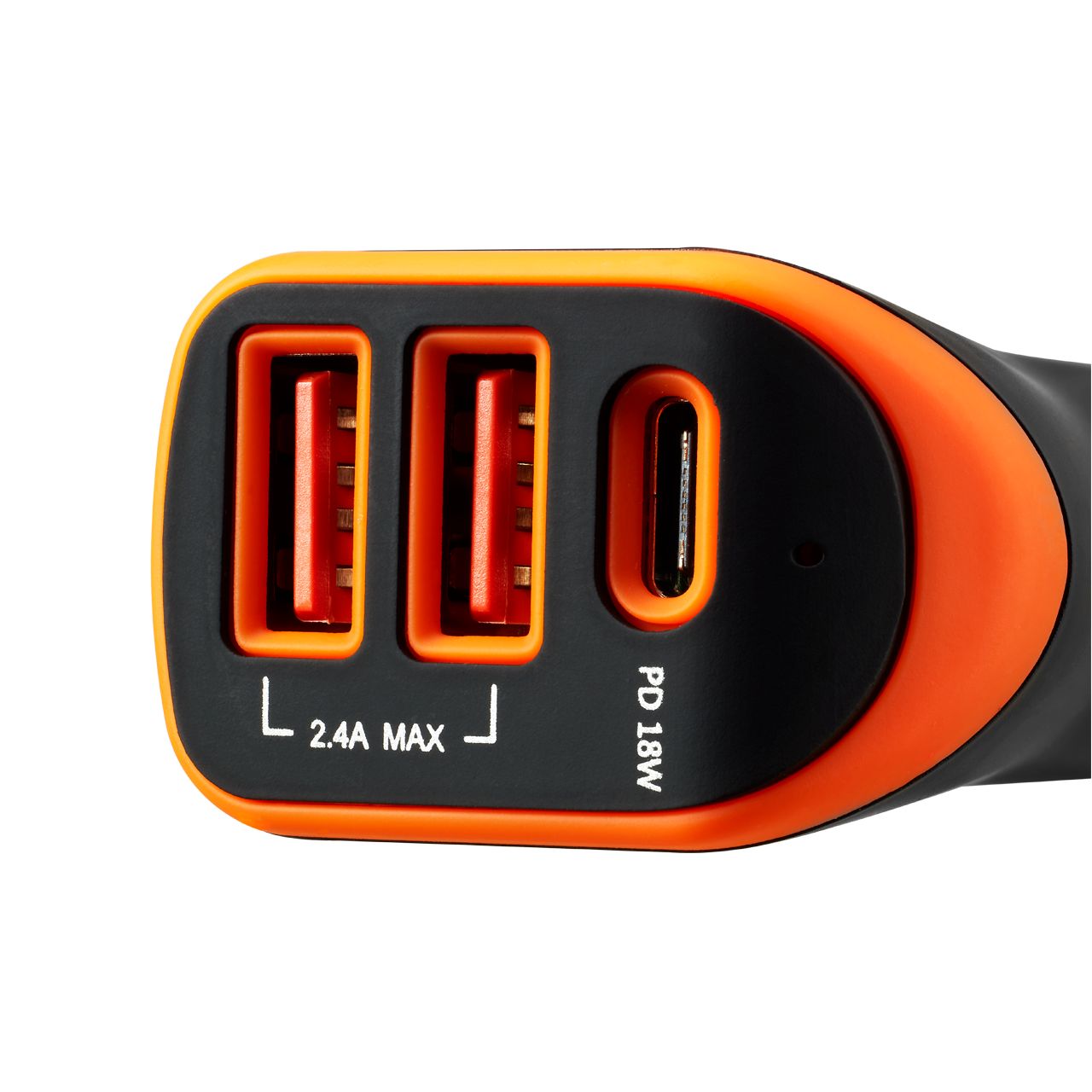 CANYON Universal 3xUSB car adapter, Input 12V-24V, Output DC USB-A 5V/2.4A(Max) + Type-C PD 18W, with Smart IC, Black+Orange with rubber coating, 71*39*26.2mm, 0.028kg_2