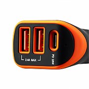 CANYON Universal 3xUSB car adapter, Input 12V-24V, Output DC USB-A 5V/2.4A(Max) + Type-C PD 18W, with Smart IC, Black+Orange with rubber coating, 71*39*26.2mm, 0.028kg_2