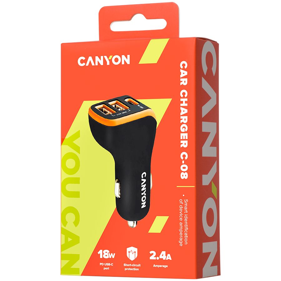 CANYON Universal 3xUSB car adapter, Input 12V-24V, Output DC USB-A 5V/2.4A(Max) + Type-C PD 18W, with Smart IC, Black+Orange with rubber coating, 71*39*26.2mm, 0.028kg_5