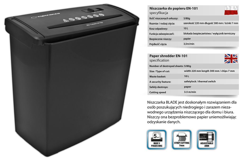 Esperanza EN101 paper shredder Strip shredding 22 cm Black_5