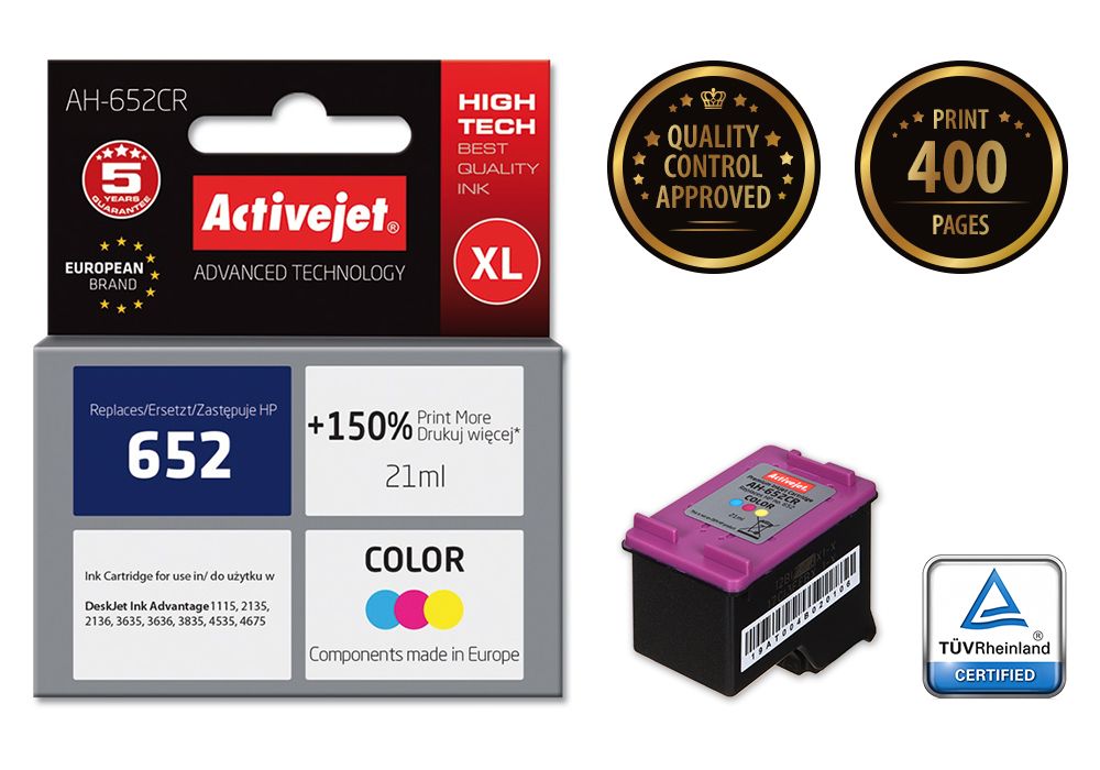 Activejet AH-652CR ink for HP printer; HP 652 F6V24AE replacement; Premium; 21 ml; color_2