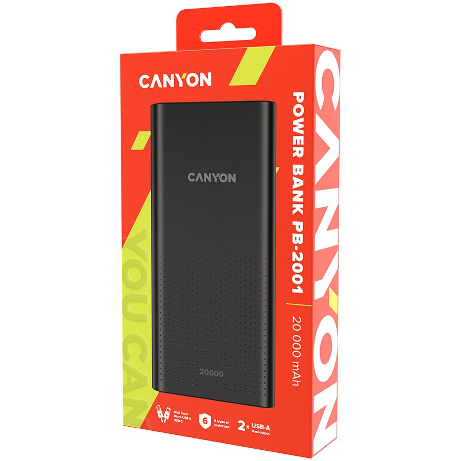 CANYON  PB-2001 Power bank 20000mAh Li-poly battery, Input 5V/2A , Output 5V/2.1A(Max), 144*69*28.5mm, 0.440Kg, Black_3