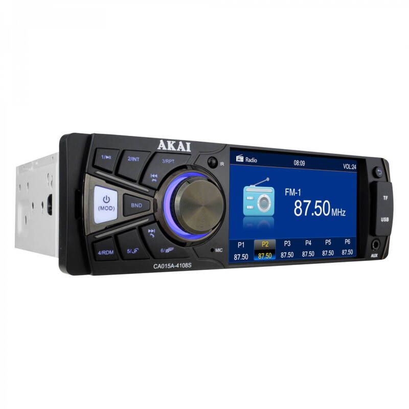 AUTO RADIO PLAYER WITH BT AKAI CA015A-4108S  4.0″ TFT display • Support USB/ SD MMC Card Support start-up picture • Rear-view function • EQ effect • Fader, Treble, Balance, Bass • AM/FM tuner preset and support RDS • Auto Seek / Auto Store Stations • Maximum Power Output: 4CH*25W • 12 Voltage •_1