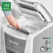 Distrugator automat documente Leitz IQ  Small Office , 100 coli, P4, cross-cut (tip confeti), cos  34 litri, alb-gri, Leitz 