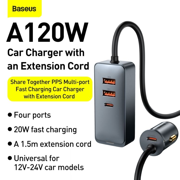 INCARCATOR auto Baseus Share Together PPS , 2 x USB max. 3A si 2 x USB Type-C max 3A, total output 120W, lungime cablu 1.5m, pt. bricheta auto, black 