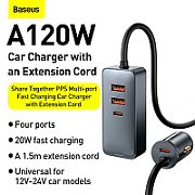 INCARCATOR auto Baseus Share Together PPS , 2 x USB max. 3A si 2 x USB Type-C max 3A, total output 120W, lungime cablu 1.5m, pt. bricheta auto, black 