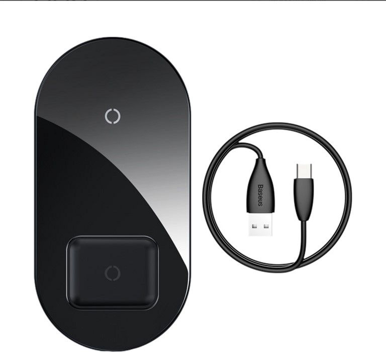 INCARCATOR wireless Baseus Simple 2 in 1 Qi 18W, compatibilitate smartphones si airpods, cablu Type-C la USB inclus, negru transparent 