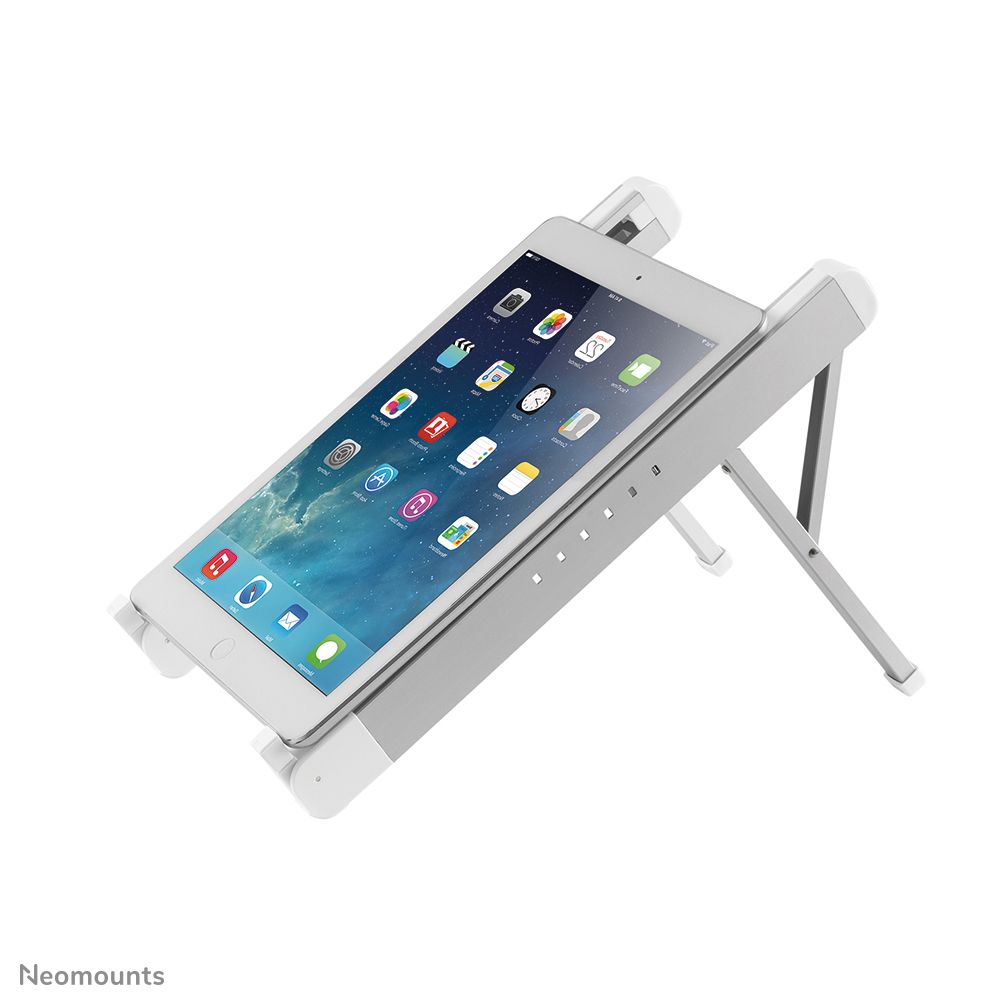 Neomounts by Newstar NSLS010 foldable laptop stand - Silver  Specifications General Min. screen size*: 11 inch Max. screen size*: 17 inch Min. weight: 0 kg Max. weight: 5 kg Screens: 1 Desk mount: Stand  Functionality Type: Tilt Width: 28,9 cm Depth: 3,2 cm Height: 2,7 cm Height adjustment: Manual_1