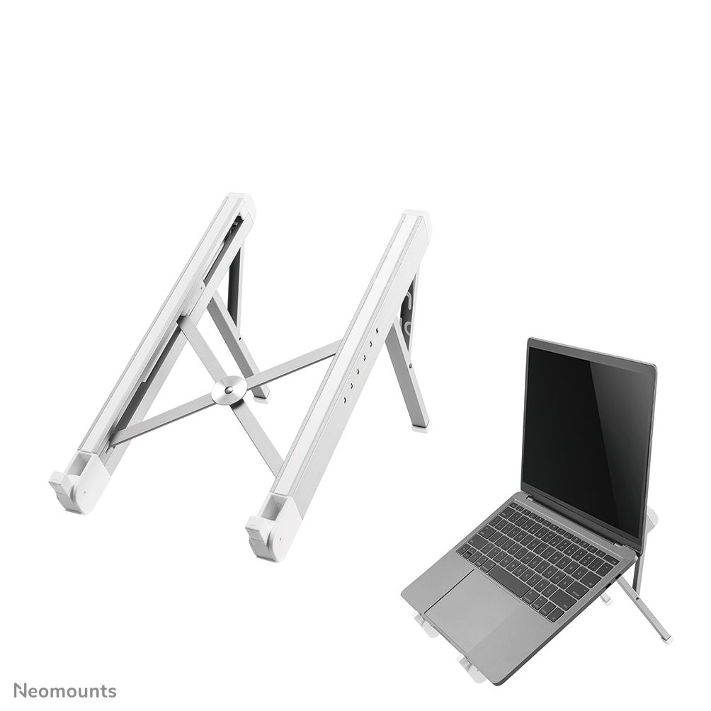 Neomounts by Newstar NSLS010 foldable laptop stand - Silver  Specifications General Min. screen size*: 11 inch Max. screen size*: 17 inch Min. weight: 0 kg Max. weight: 5 kg Screens: 1 Desk mount: Stand  Functionality Type: Tilt Width: 28,9 cm Depth: 3,2 cm Height: 2,7 cm Height adjustment: Manual_11