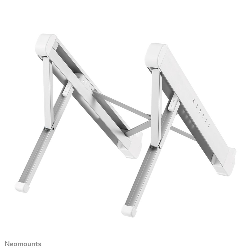 Neomounts by Newstar NSLS010 foldable laptop stand - Silver  Specifications General Min. screen size*: 11 inch Max. screen size*: 17 inch Min. weight: 0 kg Max. weight: 5 kg Screens: 1 Desk mount: Stand  Functionality Type: Tilt Width: 28,9 cm Depth: 3,2 cm Height: 2,7 cm Height adjustment: Manual_3