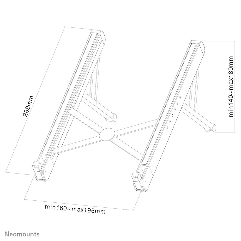 Neomounts by Newstar NSLS010 foldable laptop stand - Silver  Specifications General Min. screen size*: 11 inch Max. screen size*: 17 inch Min. weight: 0 kg Max. weight: 5 kg Screens: 1 Desk mount: Stand  Functionality Type: Tilt Width: 28,9 cm Depth: 3,2 cm Height: 2,7 cm Height adjustment: Manual_9