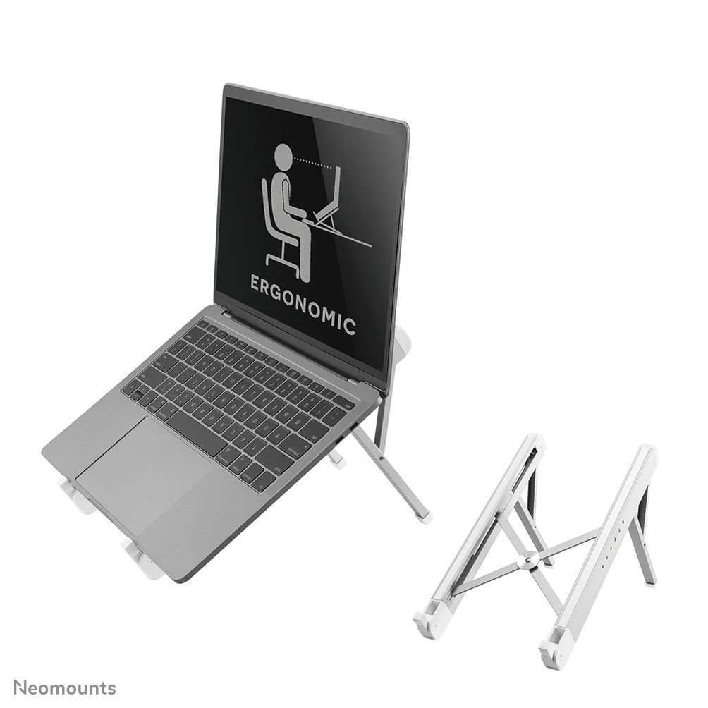 Neomounts by Newstar NSLS010 foldable laptop stand - Silver  Specifications General Min. screen size*: 11 inch Max. screen size*: 17 inch Min. weight: 0 kg Max. weight: 5 kg Screens: 1 Desk mount: Stand  Functionality Type: Tilt Width: 28,9 cm Depth: 3,2 cm Height: 2,7 cm Height adjustment: Manual_10