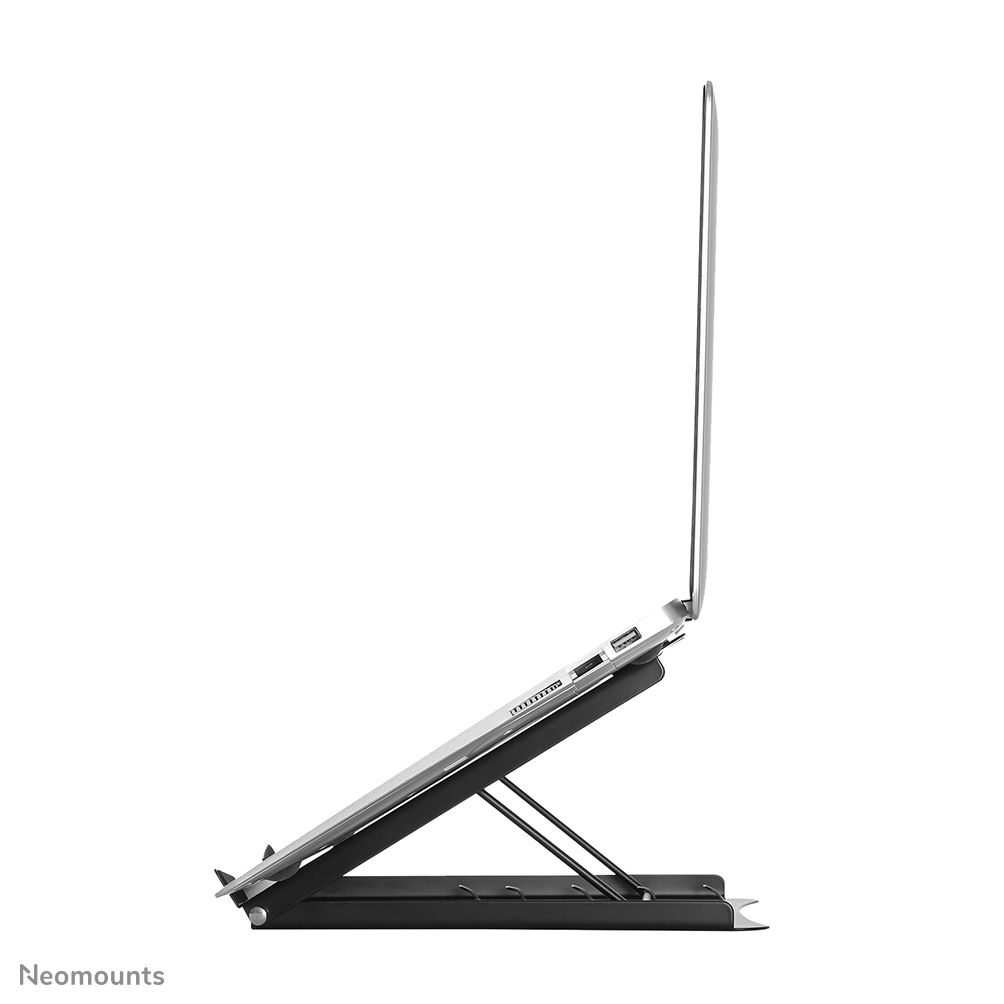 Neomounts by Newstar NSLS075BLACK Foldable Laptop Stand - Black  Specifications General Min. screen size*: 10 inch Max. screen size*: 15 inch Min. weight: 0 kg Max. weight: 5 kg Desk mount: Stand  Functionality Type: Tilt Width: 25,5 cm Depth: 25,5 cm Height: 3,5 cm Height adjustment: Manual_12