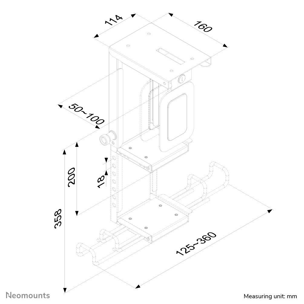 Neomounts by Newstar Lockable Under Desk PC Mount (Suitable PC Dimensions -Height: 20-36 cm / Width: 5-10 cm) - Black  Specifications General Min. weight: 0 kg Max. weight: 10 kg  Functionality Type: Fixed Width: 5 - 10 cm Height: 20 - 36 cm Height adjustment: Manual_4