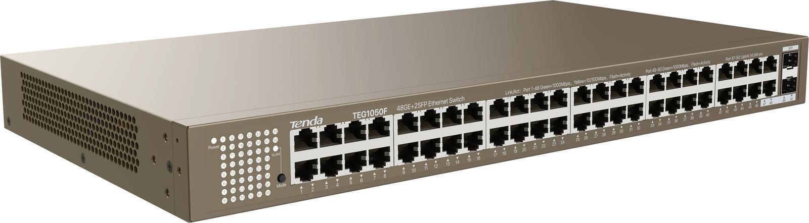 Switch TENDA TEG1050F, Network standards: IEEE 802.3, IEEE 802.3u, IEEE 802.3x, IEEE 802.3ab, IEEE 802.3z, Ports: 48*10/100/1000 Base-T Ethernet ports (Auto MDI/MDIX), 2*1000 Base-X SFP ports (Independent), Switch capacity: 100Gbps, Packet forwarding rate: 74.4Mpps, buffer: 12Mb, Power consumption_3