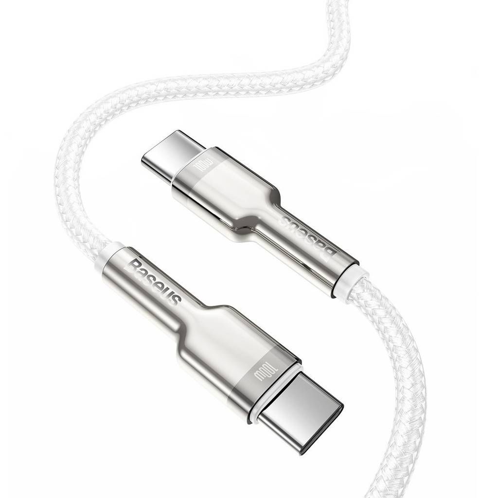 CABLU alimentare si date Baseus Cafule Metal, Fast Charging Data Cable pt. smartphone, USB Type-C la USB Type-C 100W, brodat, 2m, alb 