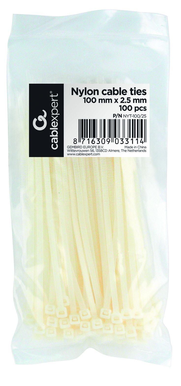 GEMBIRD NYT-100/25 nylon cable ties 100mm 2.5mm width bag of 100 pcs_1