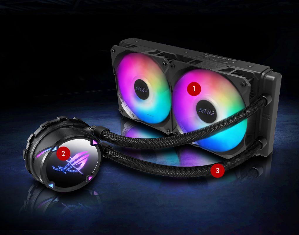 Asus CPU Liquid Cooler ROG Strix LC II 240 ARGB  ROG STRIX LC II 240 ARGB  Water Block Water block dimention: 80 x 80 x 45 mm Block Material (CPU Plate): Copper Radiator Radiator Dimension: 121 x 272 x 27 mm Radiator Material: Aluminum Tube: Sleeved Rubber tube Tube Length: 380 mm Fan Fan: ROG_2