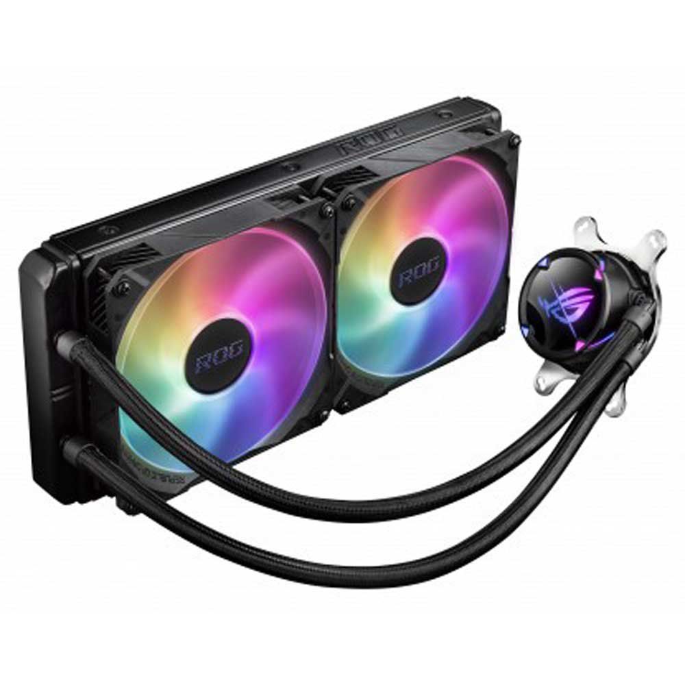 Asus CPU Liquid Cooler ROG Strix LC II 240 ARGB  ROG STRIX LC II 240 ARGB  Water Block Water block dimention: 80 x 80 x 45 mm Block Material (CPU Plate): Copper Radiator Radiator Dimension: 121 x 272 x 27 mm Radiator Material: Aluminum Tube: Sleeved Rubber tube Tube Length: 380 mm Fan Fan: ROG_3