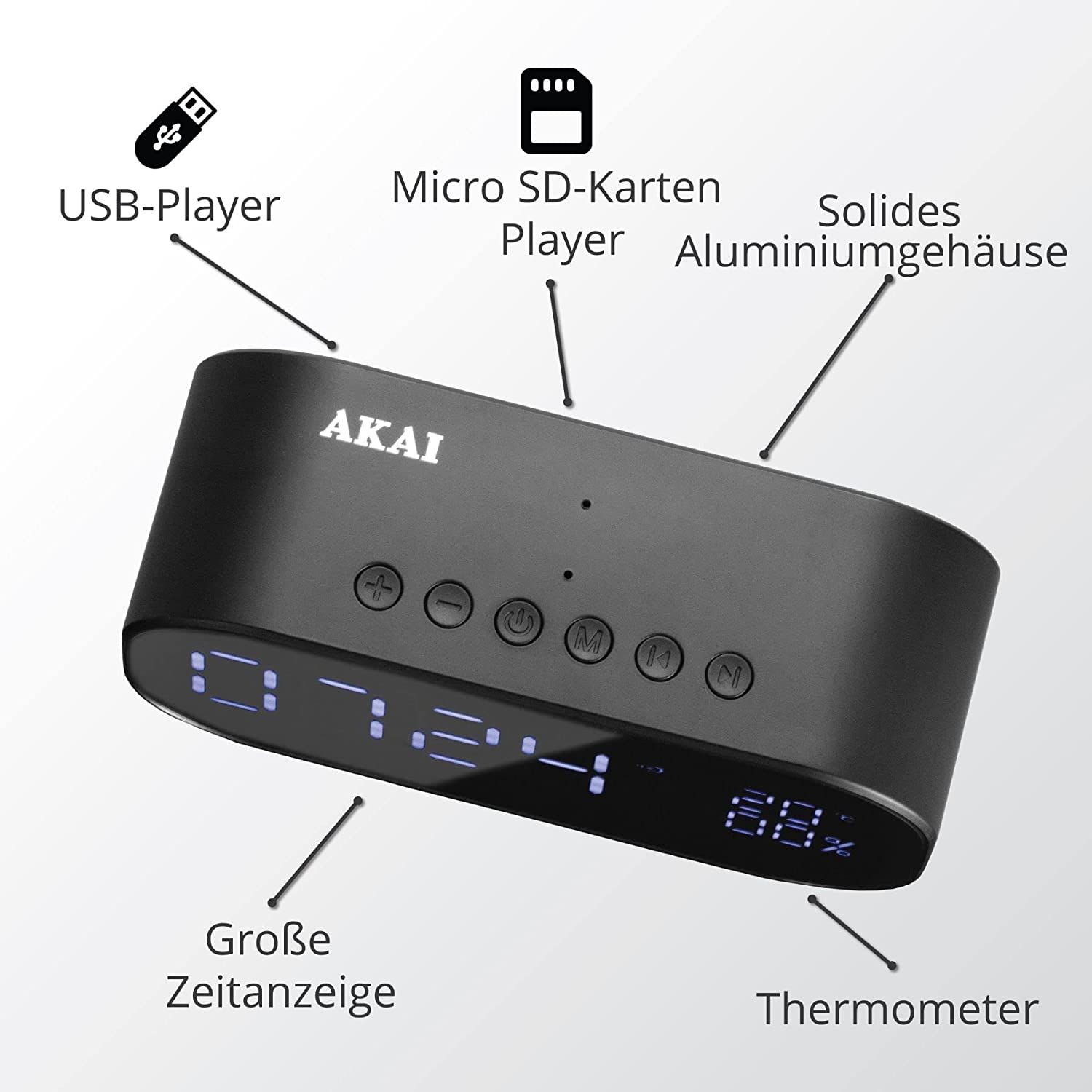Radio cu ceas BT Speaker Akai ABTS-S2 BK  Bluetooth version: 4.2 Bluetooth solution: JR Bluetooth range: ≤ 10 m Power output: 2 * 3W Frequency response: 100Hz – 18KHz SNR: ≥ 70dB THD: < 1% Li-ion Battery: 1800 mAh Connection mode: Bluetooth+TF+AUX+FM+alarm+USB playback, power Volume / TEMP / Time_1