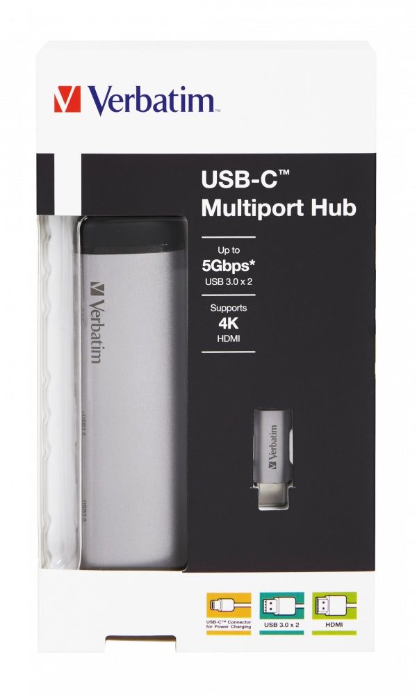 HUB extern VERBATIM, USB 3.0 x 2, HDMI x 1 (4K@30Hz), USB Type C x 1, conectare USB Type C, cablu 15 cm, max. 3A, brushed metal 