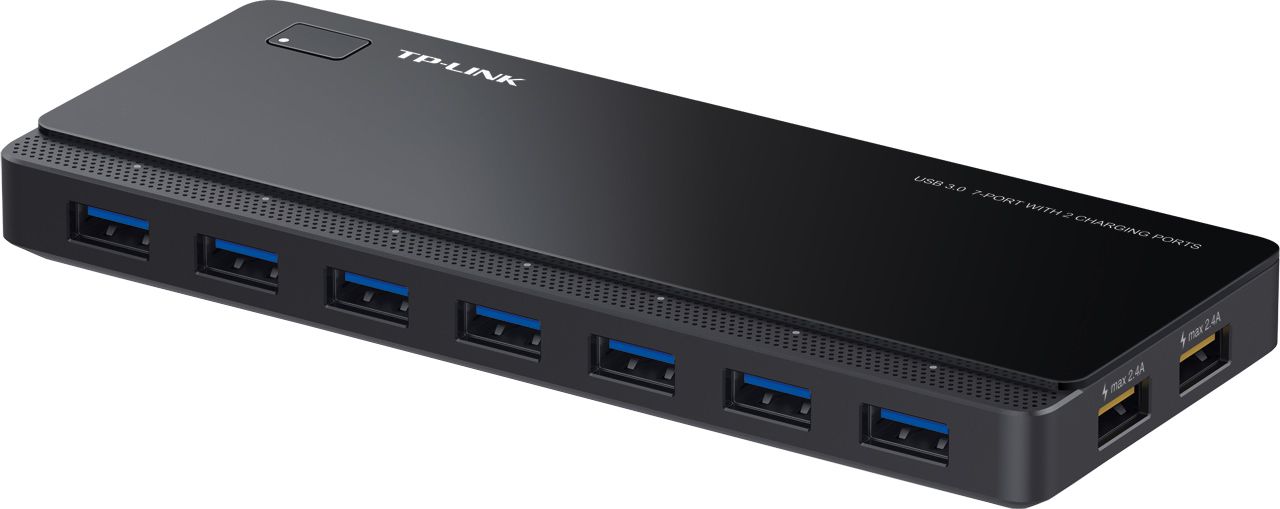 HUB extern TP-LINK, porturi USB: USB 3.0 x 7, Fast Charging Port x 2, conectare prin USB 3.0, alimentare retea 220 V, cablu 1 m, negru  UH720  (include timbru verde 1.5 lei)