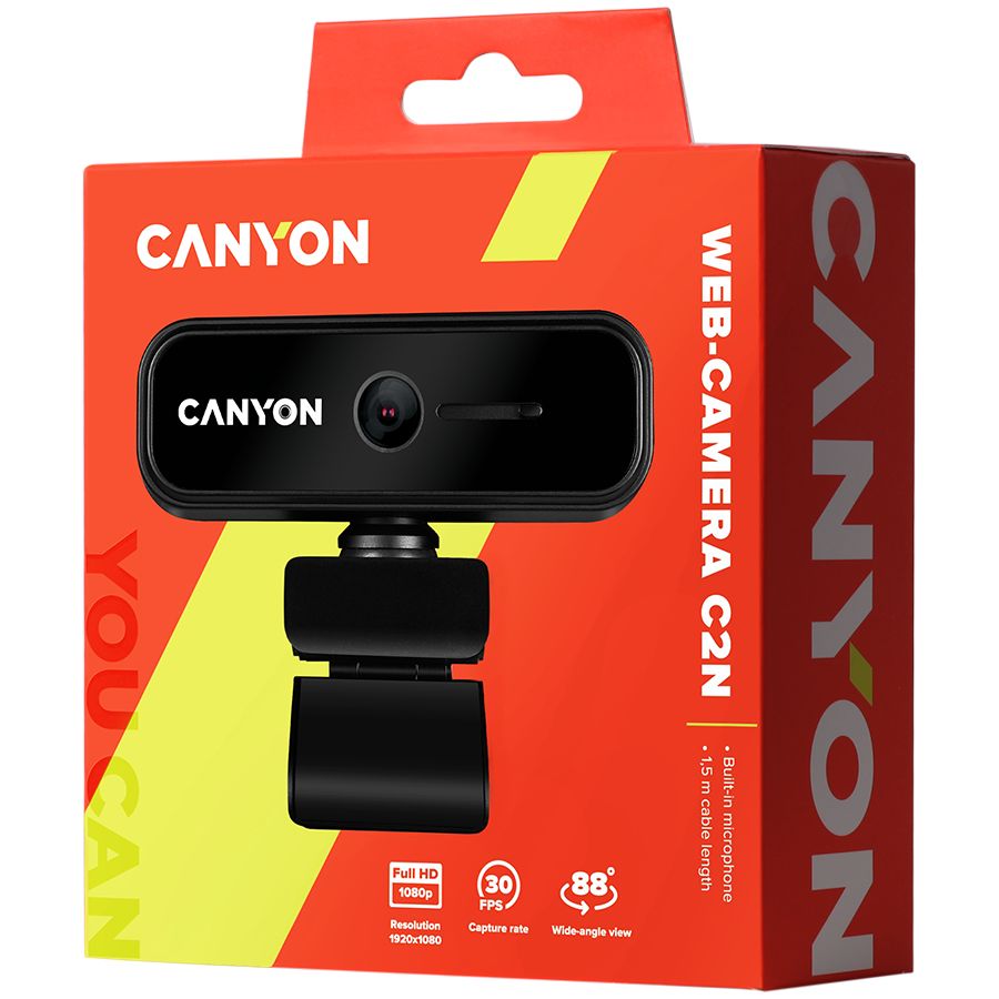 CANYON C2N 1080P full HD 2.0Mega fixed focus webcam with USB2.0 connector, 360 degree rotary view scope, built in MIC, Resolution 1920*1080, viewing angle 88°, cable length 1.5m, 90*60*55mm, 0.095kg, Black_3