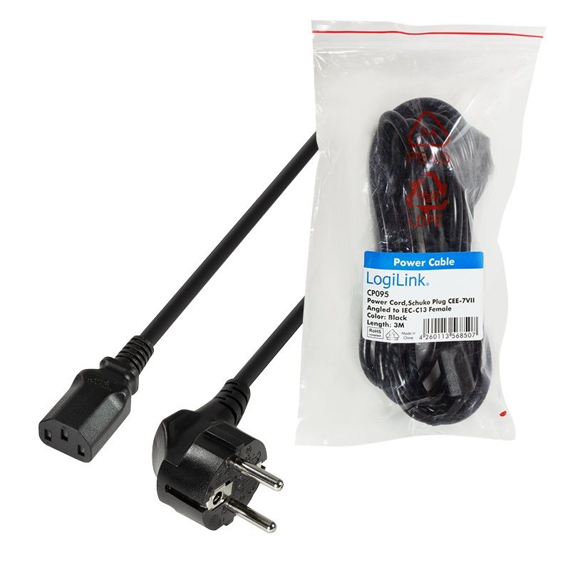 Cablu alimentare, Schuko-C13, black, 2,00m, conector 90 grade, Loglink 