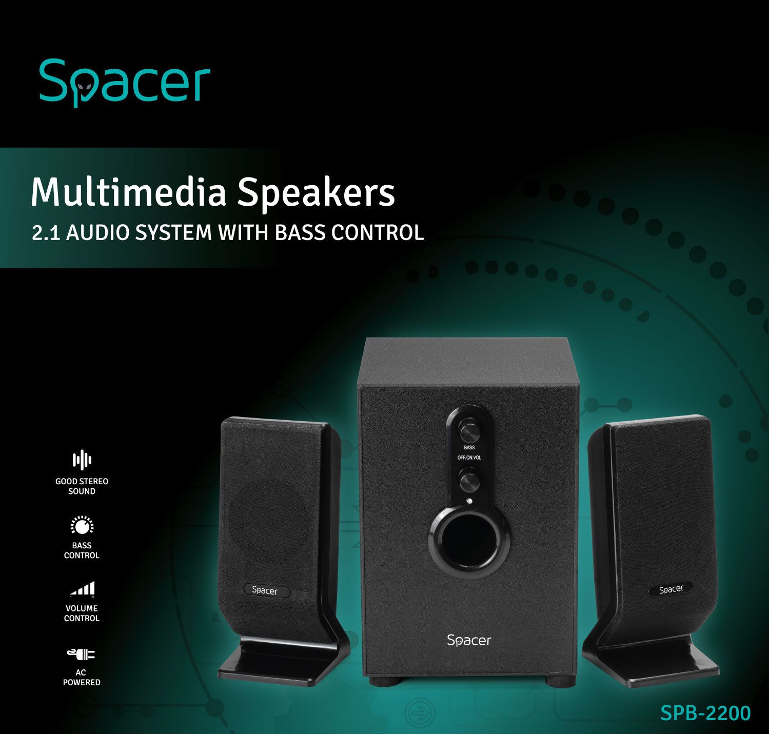 BOXE SPACER 2.1, RMS: 20W (2 x 5W + 10W), bluetooth telecomanda wireless, control volum, bass, treble, subwoofer lemn MDF, 220V alimentare, USB/FM/AUX/SD, Display, black, 