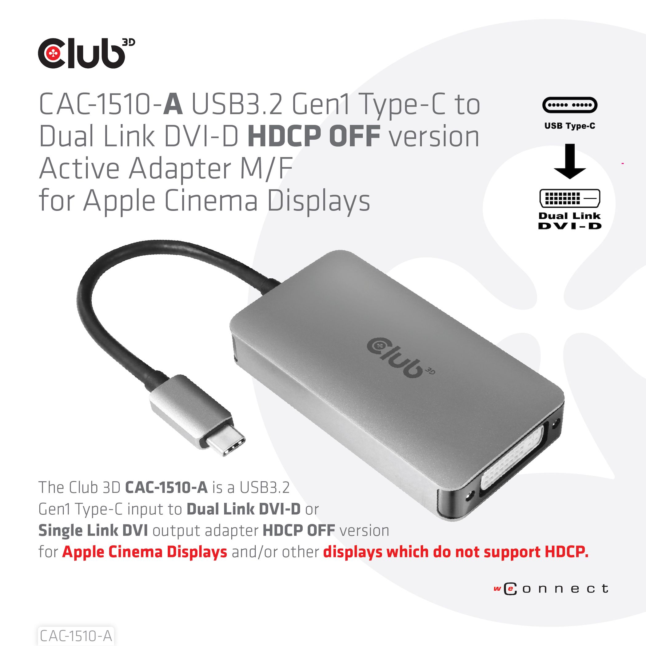 CLUB3D USB3.2 Gen1 Type-C to Dual Link DVI-D HDCP ON version Active Adapter M/F_4