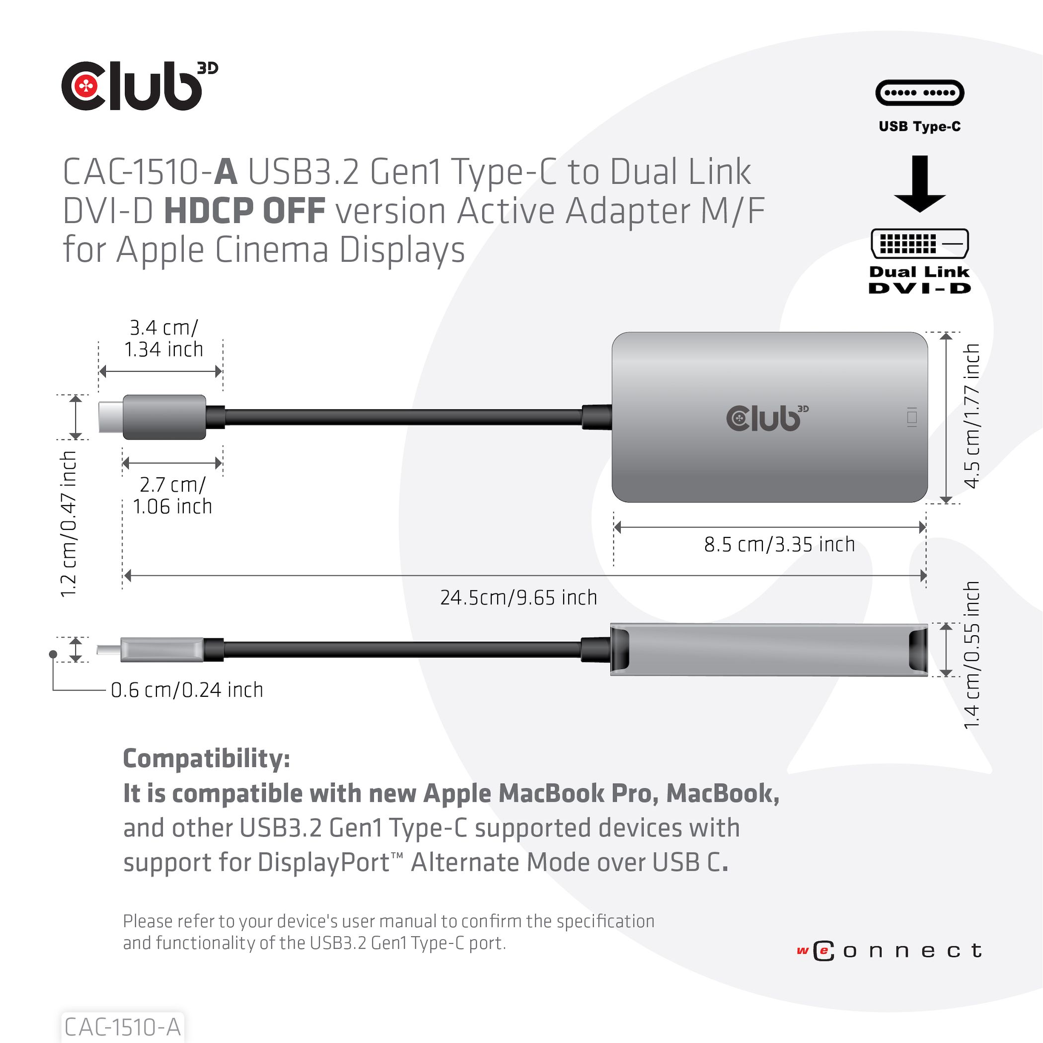 CLUB3D USB3.2 Gen1 Type-C to Dual Link DVI-D HDCP ON version Active Adapter M/F_6