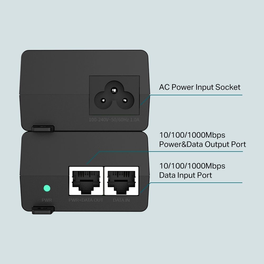 TP-Link, PoE++ Injector, TL-POE170S, Standarde si protocoale: IEEE802.3i, IEEE802.3u, IEEE802.3ab, IEEE802.3af, IEEE802.3at, IEEE802.3bt, interfata: 1 x 10/100/1000Mbps RJ45 data-in port, 1 x 10/100/1000Mbps RJ45 power+data-out port._3