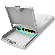 Mikrotik Five Gigabit Ethernet Router, RB960PGS-PB; with 4xPoE-outports ,SFP cage and outdoor enclosure; 1* CPU core count; CPU nominalfrequency:800 MHz; License level: 4; Size of RAM: 128 MB; Flash Storagesize: 16MB; PoE in: Passive PoE; PoE out: 802.3af/at; 5* 10 /100/1000Ethernetports; 1* SFP_1