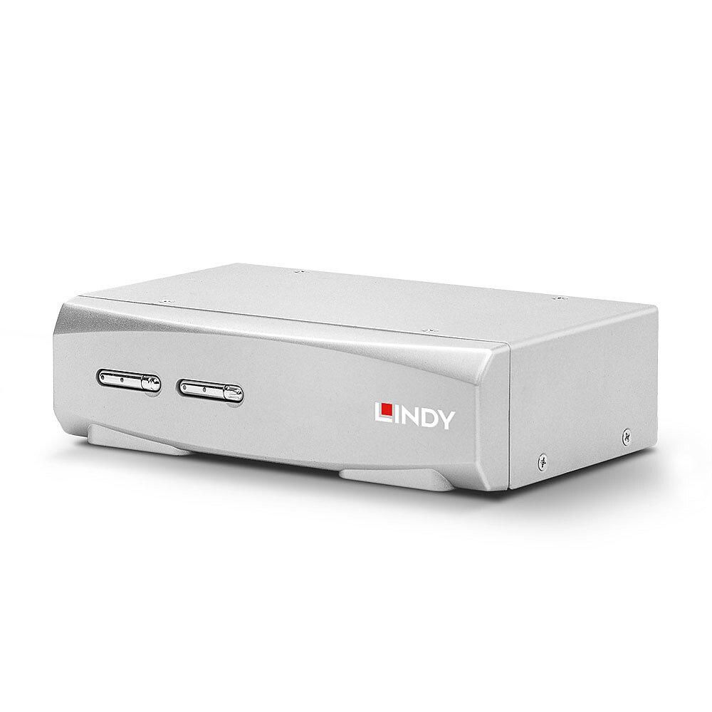 Lindy 2 Port HDMI 4K60 & USB KVM Switch  Technical details  Specifications:  AV Interface: HDMI Console Interfaces: USB Interface Standard: HDMI 2.0, USB 2.0 Maximum Resolution: 3840x2160@60Hz HDCP Support: 1.4 & 2.2 Supported Audio: Analogue Stereo Separate Audio Ports: 2 x 3.5mm (Female) Serial_1