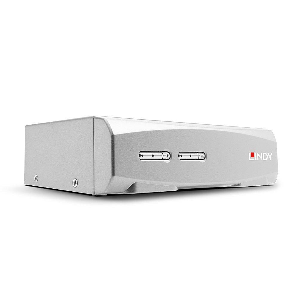 Lindy 2 Port HDMI 4K60 & USB KVM Switch  Technical details  Specifications:  AV Interface: HDMI Console Interfaces: USB Interface Standard: HDMI 2.0, USB 2.0 Maximum Resolution: 3840x2160@60Hz HDCP Support: 1.4 & 2.2 Supported Audio: Analogue Stereo Separate Audio Ports: 2 x 3.5mm (Female) Serial_3