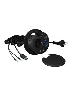 ICY BOX Table Hub 4x USB 3.0 Type-A with Audio in-/output and Schuko Socket CEE 7/3 diameter 80 mm Black