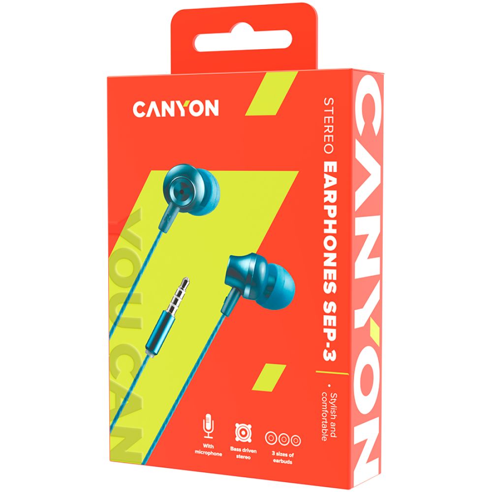 CANYON SEP-3 Stereo earphones with microphone, metallic shell, cable length 1.2m, Blue-green, 22*12.6mm, 0.012kg_2