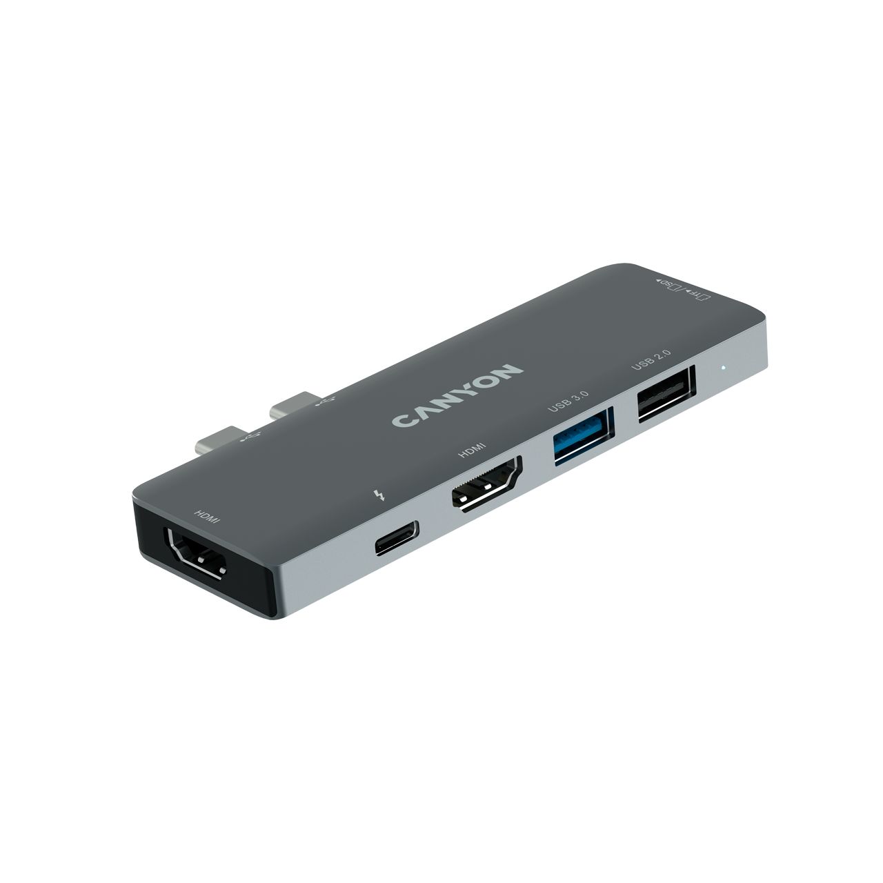 Canyon DS-05B Multiport Docking Station with 7 port, 1*Type C PD100W+2*HDMI+1*USB3.0+1*USB2.0+1*SD+1*TF. Input 100-240V, Output USB-C PD100W&USB-A 5V/1A, Aluminum alloy, Space gray, 104*42*11mm, 0.046kg(Generation B)_1