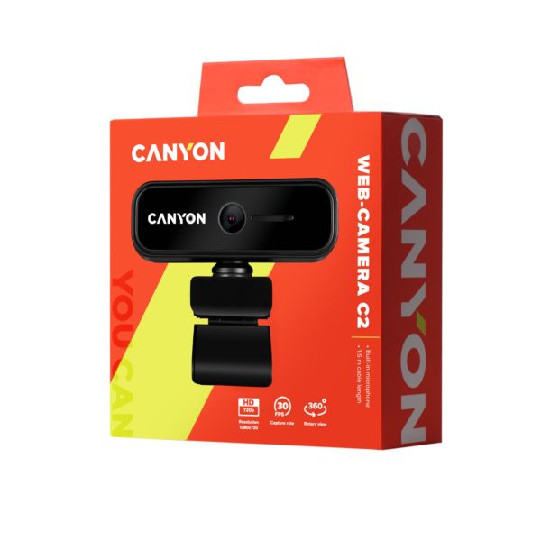 CANYON C2 720P HD 1.0Mega fixed focus webcam with USB2.0. connector, 360° rotary view scope, 1.0Mega pixels, built in MIC, Resolution 1280*720(1920*1080 by interpolation), viewing angle 46°, cable length 1.5m, 90*60*55mm, 0.104kg, Black_2