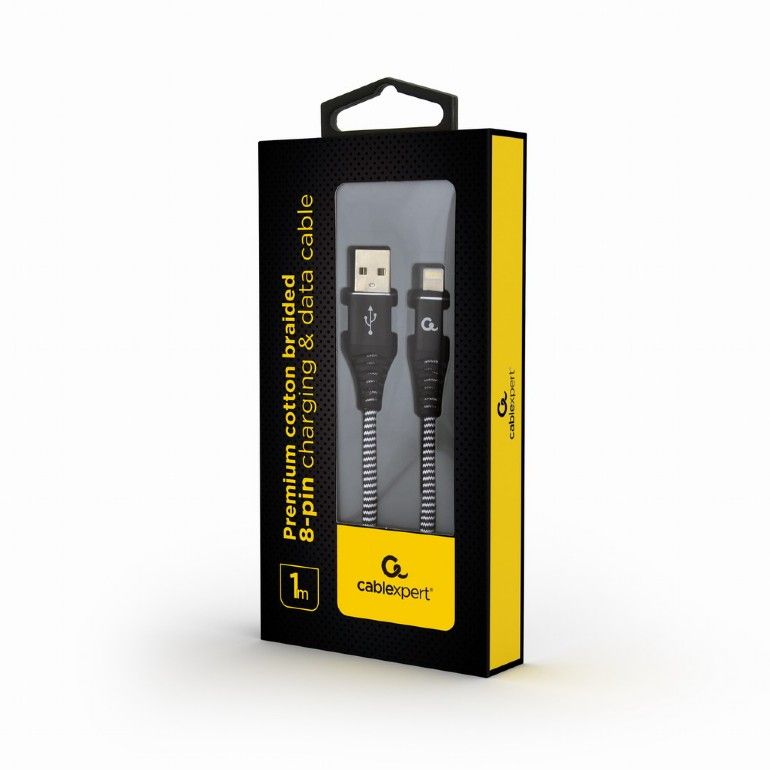 CABLU alimentare si date GEMBIRD, pt. smartphone, USB 2.0 (T) la Lightning (T), 1m, premium, cablu cu impletire din bumbac, negru cu insertii albe, 