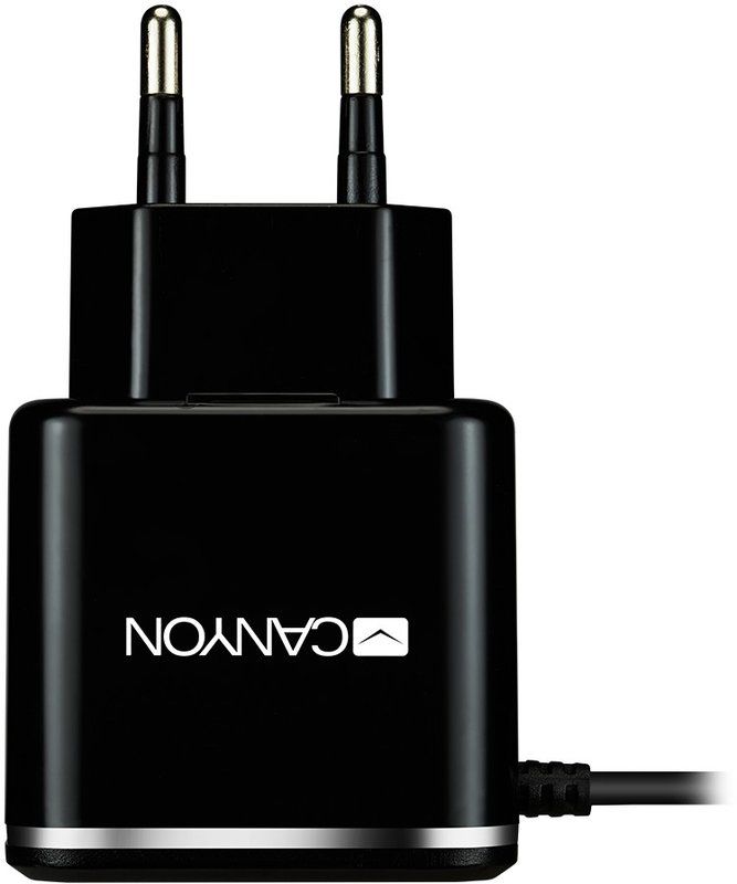 CANYON H-041 Universal 1xUSB AC charger (in wall) with over-voltage protection, plus Micro USB connector, Input 100V-240V, Output 5V-2.1A, with Smart IC, black (silver stripe), cable length 1m, 81*47.2*27mm, 0.059kg_1