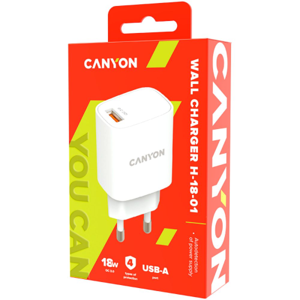 Canyon, Wall charger with 1*USB, QC3.0 18W, Input: 100V-240V, Output: DC 5V/3A,9V/2A,12V/1.5A, Eu plug, OCP/OVP/OTP/SCP, CE, RoHS ,ERP. Size: 80.17*41.23*28.68mm, 50g, White_1