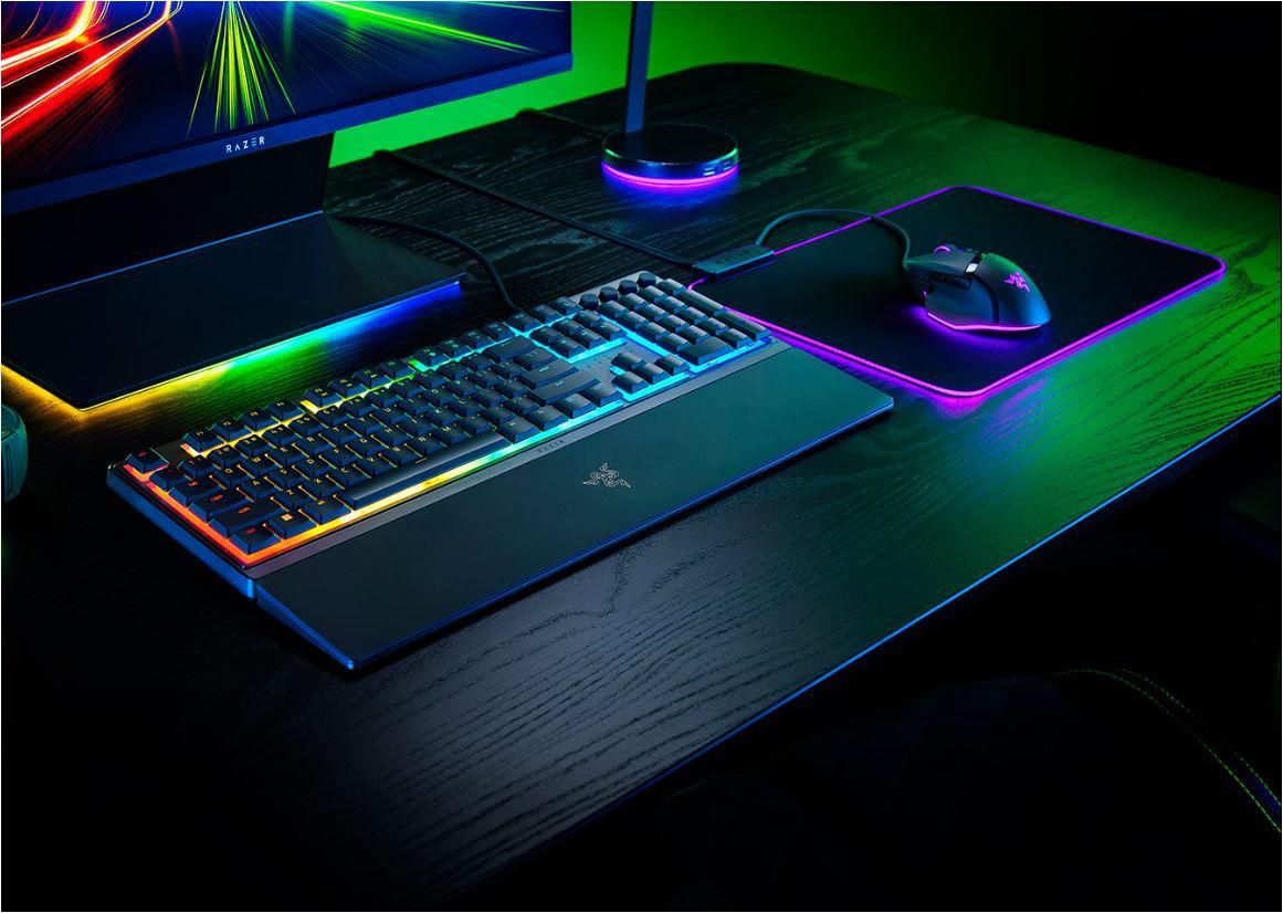 Tastatura Razer Ornata V3 - Low Profile Gaming  TECH SPECS SWITCH TYPE Razer™ Mecha-Membrane Switches APPROXIMATE SIZES Full Size LIGHTING 10 Razer Chroma™ RGB Lighting Zones WRIST REST Yes ONBOARD MEMORY None MEDIA KEYS Dedicated Media Controls PASSTHROUGH None CONNECTIVITY Wired - Attached KEYCAPS_4