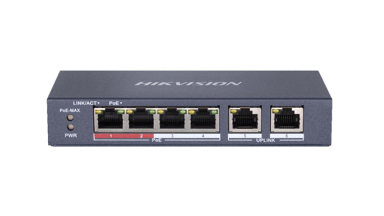 Switch Hikvision DS-3E0106P-E-M, Switching capacity 1.6 Gbps, 4 x 10/100Mbps PoE ports, and and 2 × 10/100Mbps RJ45 ports, MAC address table 4 K, PoE power budget 35 W, Internal cache 768 Kbits, 6 KV surge protection for PoE ports, Up to 300 m long-range transmission, dimensiuni: 145 mm × 68.45 mm ×_1