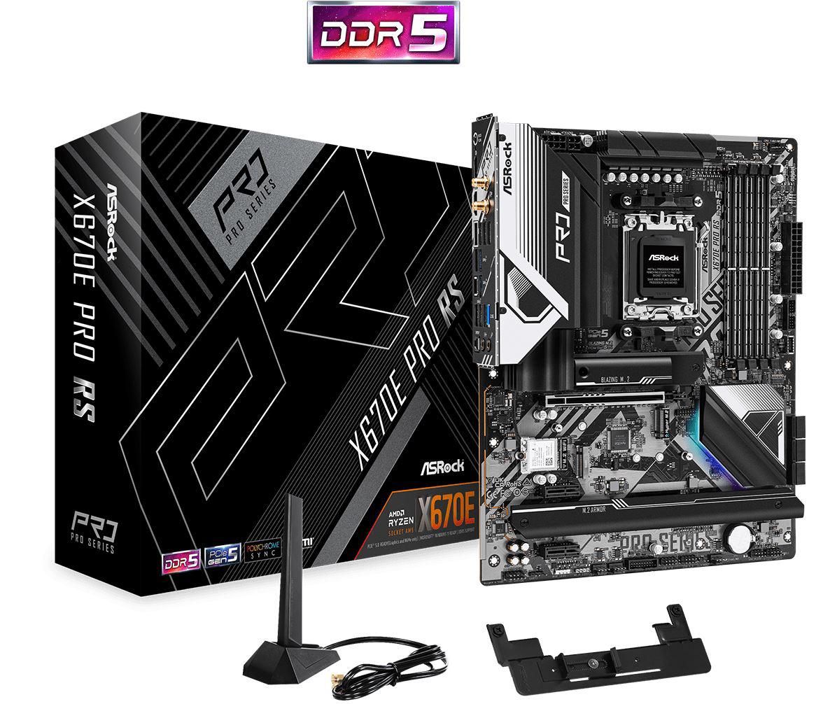 Placa de baza AsRock Socket AM5, X670E Pro RS  Supports AMD Ryzen™ 7000 Series Processors 14+2+1 Phase Power Design, SPS 4 x DDR5 DIMMs, supports up to 6600+(OC) 1 PCIe 5.0 x16, 2 PCIe 4.0 x1, 1 M.2 Key-E for WiFi Graphics Output Options: 1 HDMI, 1 DisplayPort 7.1 CH HD Audio (Realtek ALC897 Audio_2