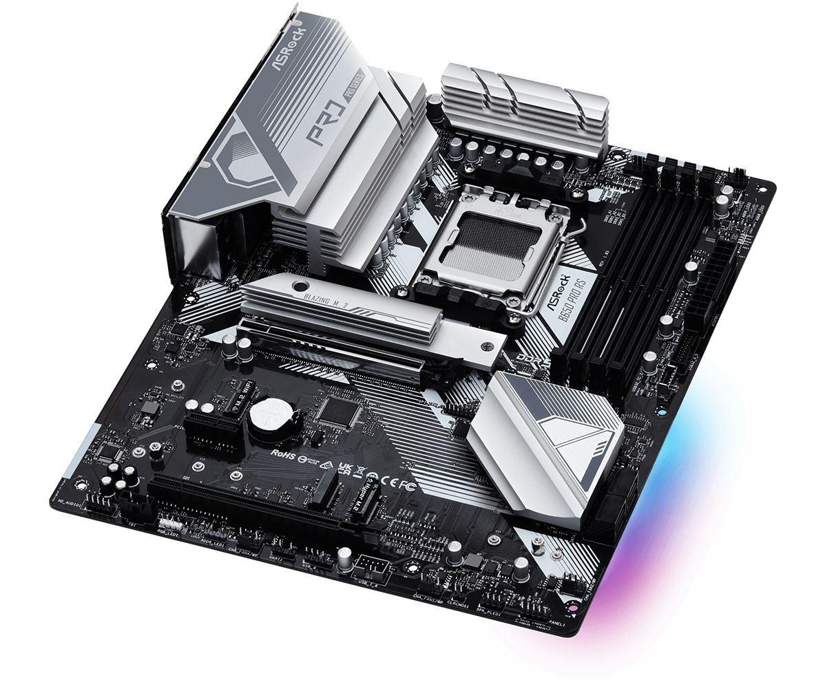 Placa de baza AsRock B650 PRO RS AM5  Supports AMD Ryzen™ 7000 Series Processors 14+2+1 Phase Power Design, SPS 4 x DDR5 DIMMs, supports up to 6200+(OC) 1 PCIe 4.0 x16, 1 PCIe 3.0 x16, 1 PCIe 4.0 x1, 1 M.2 Key-E for WiFi Graphics Output Options: 1 HDMI, 1 DisplayPort 7.1 CH HD Audio (Realtek ALC897_3